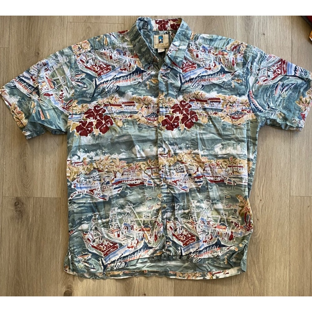 Kahala Mens XL Hawaiian Aloha Shirt 100% Cotton Made in Hawaii Scenic Boats Avi